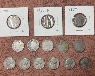 Barber, Buffalo and Jefferson nickels US currency coins