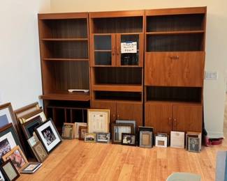 teak entertainment center AND frames and framed pictures