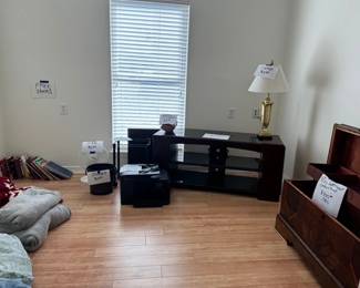 lamp and basket with radio and other things