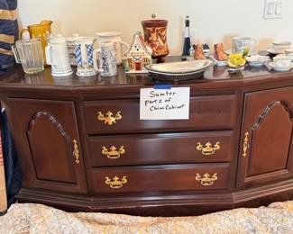 Sumter China Cabinet bottom AND assorted pitchers, and steins and silver plate and glassware