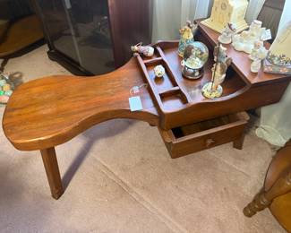 Vintage wood cobblers bench with rare underneath drawer