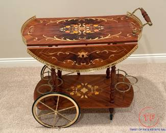 Vintage Italian Drop-Leaf Marquetry Inlaid Wood Tea Cart