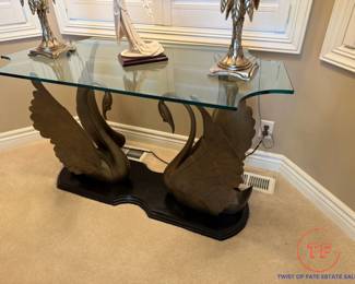 Hollywood Regency Style Brass Swan Console Table