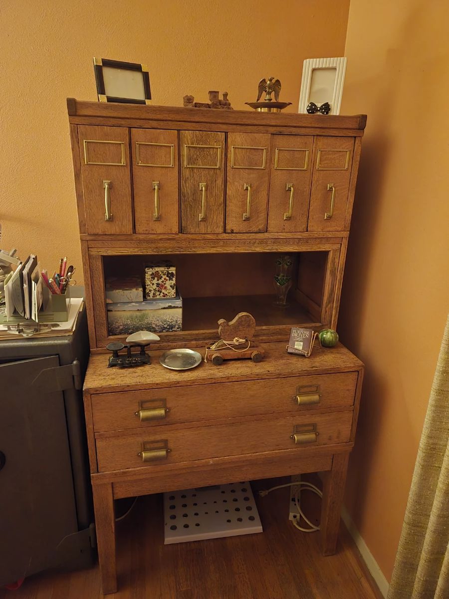 Desk for plans and holding fike and balance scale