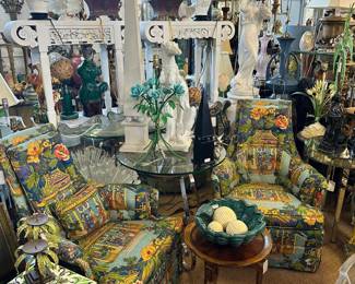 Pair of Hollywood Regency Slipper Chairs Upholstered in Vintage Scalamandre