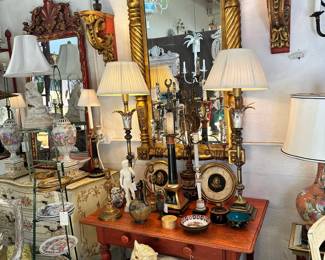 18th Century Painted French Table with Drawer, Federal Giltwood Mirror