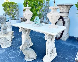 Concrete Griffin Console Table, Concrete Pelican, Kissing Frogs