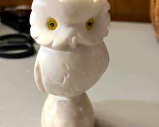 Alabaster owl figurine with glass eyes, Italian