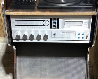 Vintage “Morse” Electrophonic console stereo (1960’s), with AM/FM radio (works), turntable, 8 track cartridge player (works), built in speaker cabinet, console.