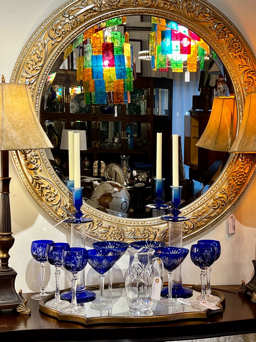 Collection of Blue Cut to Clear Martini glasses and Wine Hocks.