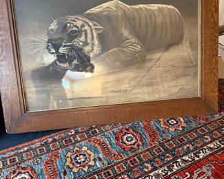 Large Antique Chromo Litho of Tiger in Antique Frame