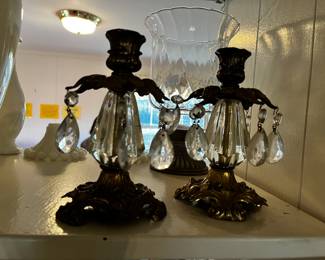 #120	Pair of Gold Colored Candle Holders w/ Prisms 6.5"	 $25.00 

