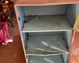 #32	1950s Wolverine Life Size toy Fridge - Pink Metal (has some dents) - 18x14x37	 $40.00 
