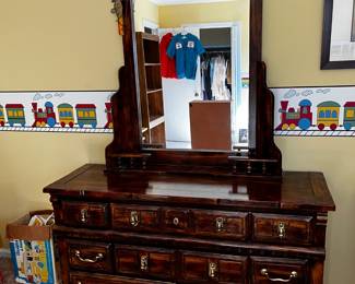 #22	All Wood Johnston Tombigbee Furniture Co. Pine Dresser w/8 drawers - 56x18x30 - Mirror 40x43 - Upstairs - You move	 $100.00 
