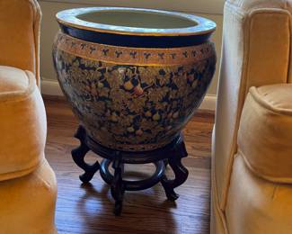 #9	Blue & Gold Coy Pot on Stand - 14x12 w/stand - 18" Tall	 $75.00 
