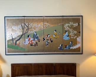 Japanese Hand Painted Silk Painting Mid-Century