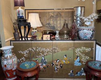 Cherry Tables, Fish Bowl Planter, Silk Paintings, and Asian and Brass Decor