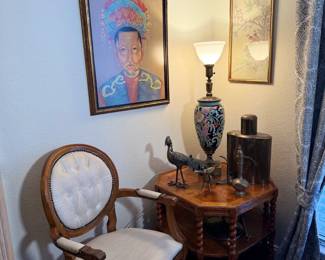 Asian Art, Painted Vase Lamp, Brass Tea Caddy and French Country Chair