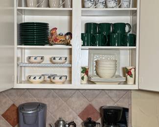 Ralph Lauren Green Breakfast Plates and Mugs, Pier 1 Plates and Bowls, Mikasa and Pier 1 Mugs, Various Coffee Makers