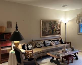 WELLLLL…  These Pieces are amazing.  Remember the days that everyone had Mediterranean or Danish Modern Furniture??  The Leather Settee of Mediterranean Design. Is in excellent condition.   A Specific Designer has not been noted… 