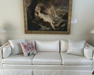 Stunning  White Damask  8’ 70’s Sofa … unbelievably Comfortable and immaculate condition.   HOLLYWOOD❤️