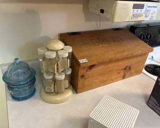 BREAD BOX, SPICE RACK, GLASS CANDY DISH