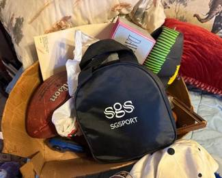 BOX OF GOLF DISCS FOOTBALL AND MISC