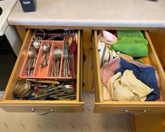 TWO DRAWERS OF FLATWARE, UTENSILS, TOWELS