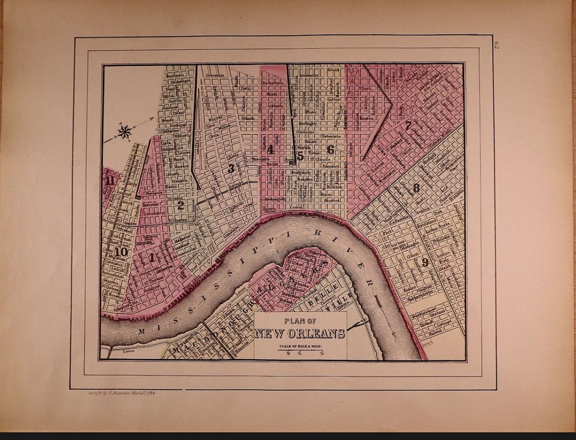 1884 hand colored map of New Orleans