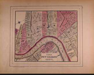 1884 hand colored map of New Orleans