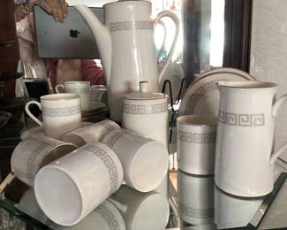 Greek Key Coffee Pot, Cups & Saucers, Sugar& Creamer