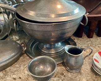 Pewter Covered Tureen and Sugar & Creamer 