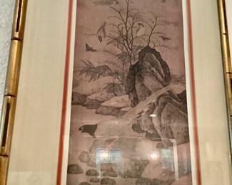 Display a framed print of the famous Chinese painting, Blue Magpie, and Thorny Shrubs, also known as Pheasant, and Thorny Srubs or Mountain Magpie 