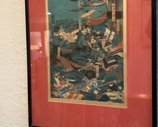 Japanese wood block prin.   A dramatic battle of ghost Story scene
