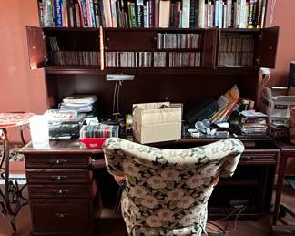 Dark Wood Executive Desk with Hutch and Upholstered Chair