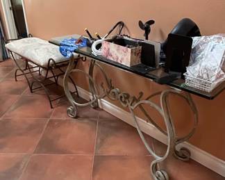 Ornate Wrought Iron Console Table with Glass Top