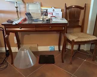 Vintage Mahogany Console Table with Glass Top and Spindle Back Chair