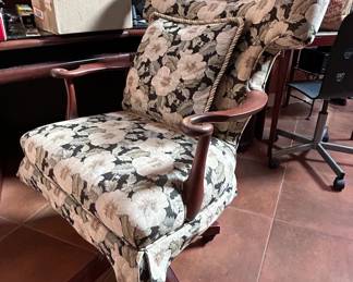 Vintage Floral Upholstered Swivel Armchair and Matching Ottoman Bench