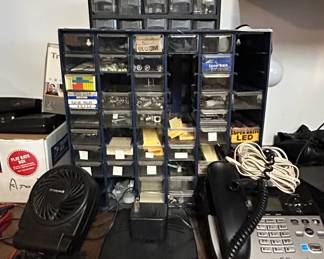 Assorted Hardware and Electronics Organizer with Honeywell Desk Fan and DECT . Cordless Phone