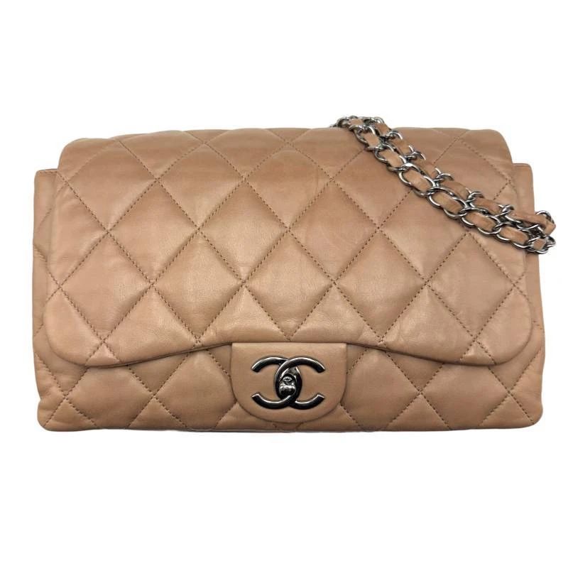 Chanel Beige Quilted Leather Classic Flap Shoulder Bag with Silver-Tone Hardware
