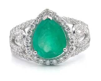 Oscar Friedman 3.18 Carat Natural Colombian Emerald & Natural Diamond Ring in Platinum