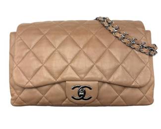 Chanel Beige Quilted Leather Classic Flap Shoulder Bag with Silver-Tone Hardware