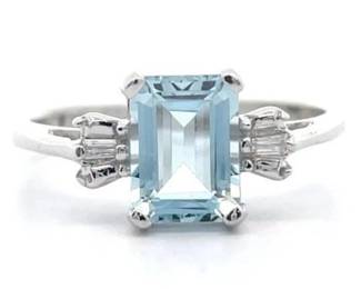 1 Carat Natural Aquamarine Estate Ring with Natural Diamond Accents in 10K White Gold