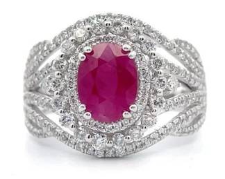 3.21 Carat Natural Burmese Ruby & Natural Diamond Halo Ring in Platinum
