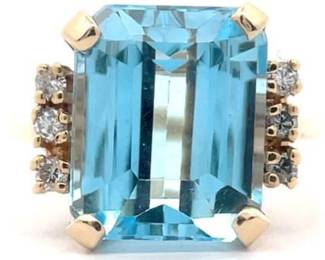 Blue Topaz & Natural Diamond Estate Ring in Yellow Gold
