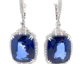 52.97 Carat Lab-Grown Sapphire & Natural Diamond Drop Earrings in 14K White Gold