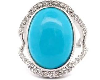 10.85 Carat Natural Turquoise & Natural Diamond Ring in Platinum