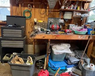 TOOL BOX, GAS CANS, GRINDER, BLOWER, TOOLS