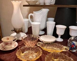 PINK GLASS, MILK GLASS LAMP