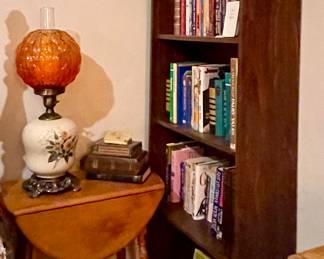 DROP LEAF ACCENT TABLE, GONE WITH THE WIND LAMP, BOOKSHELF, BOOKS